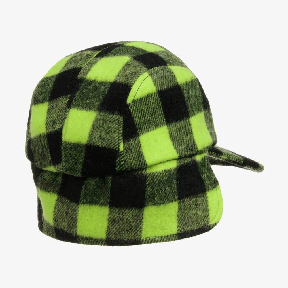 Green & Black Wool Checked Hat