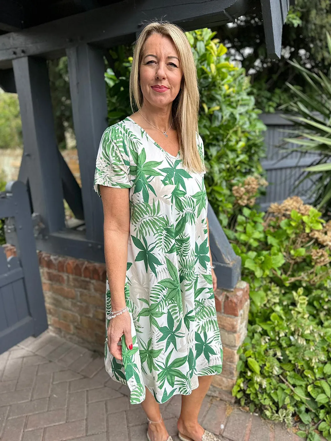 Green Multi Leaf V Neck Dress Kim