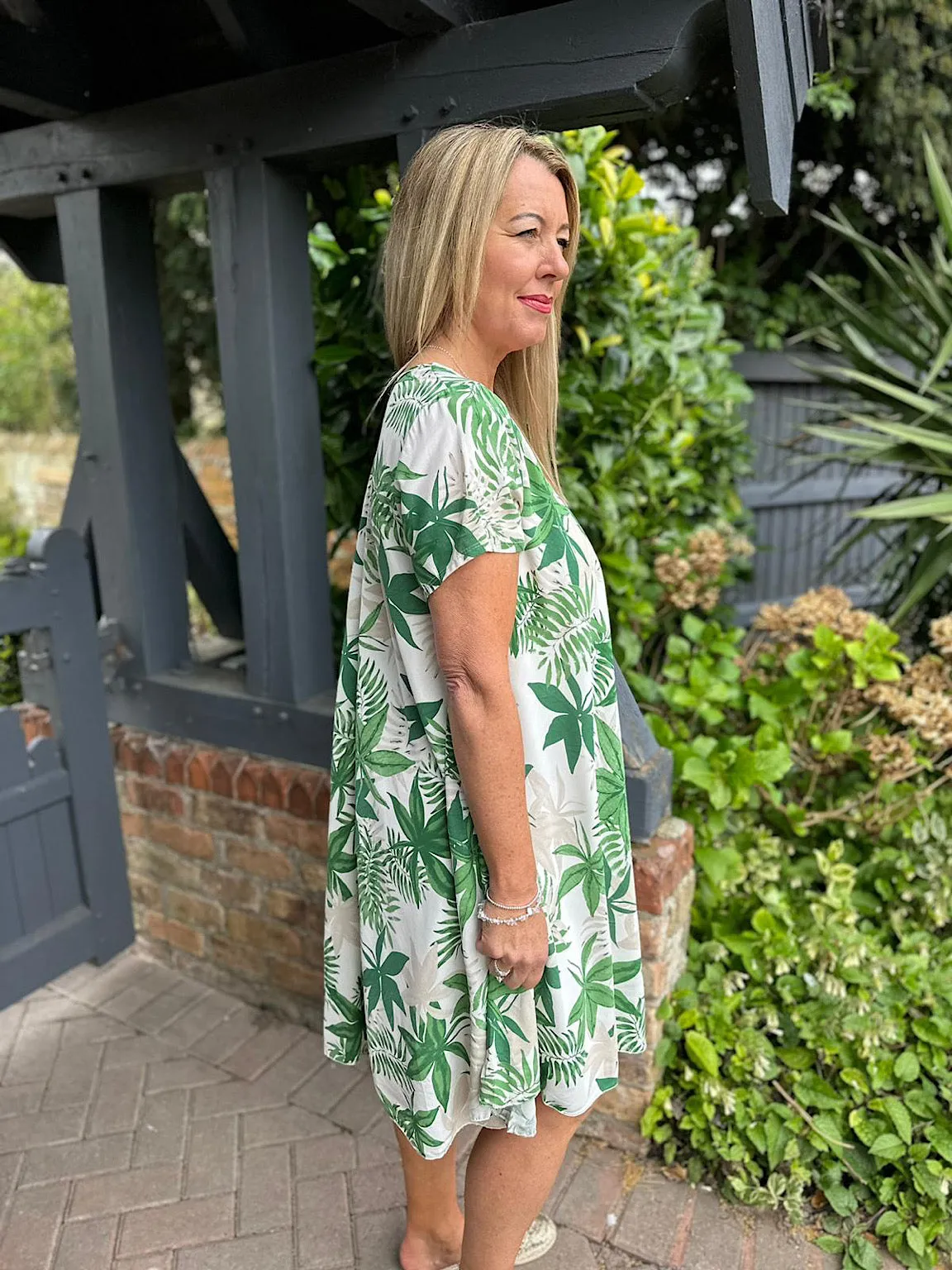 Green Multi Leaf V Neck Dress Kim