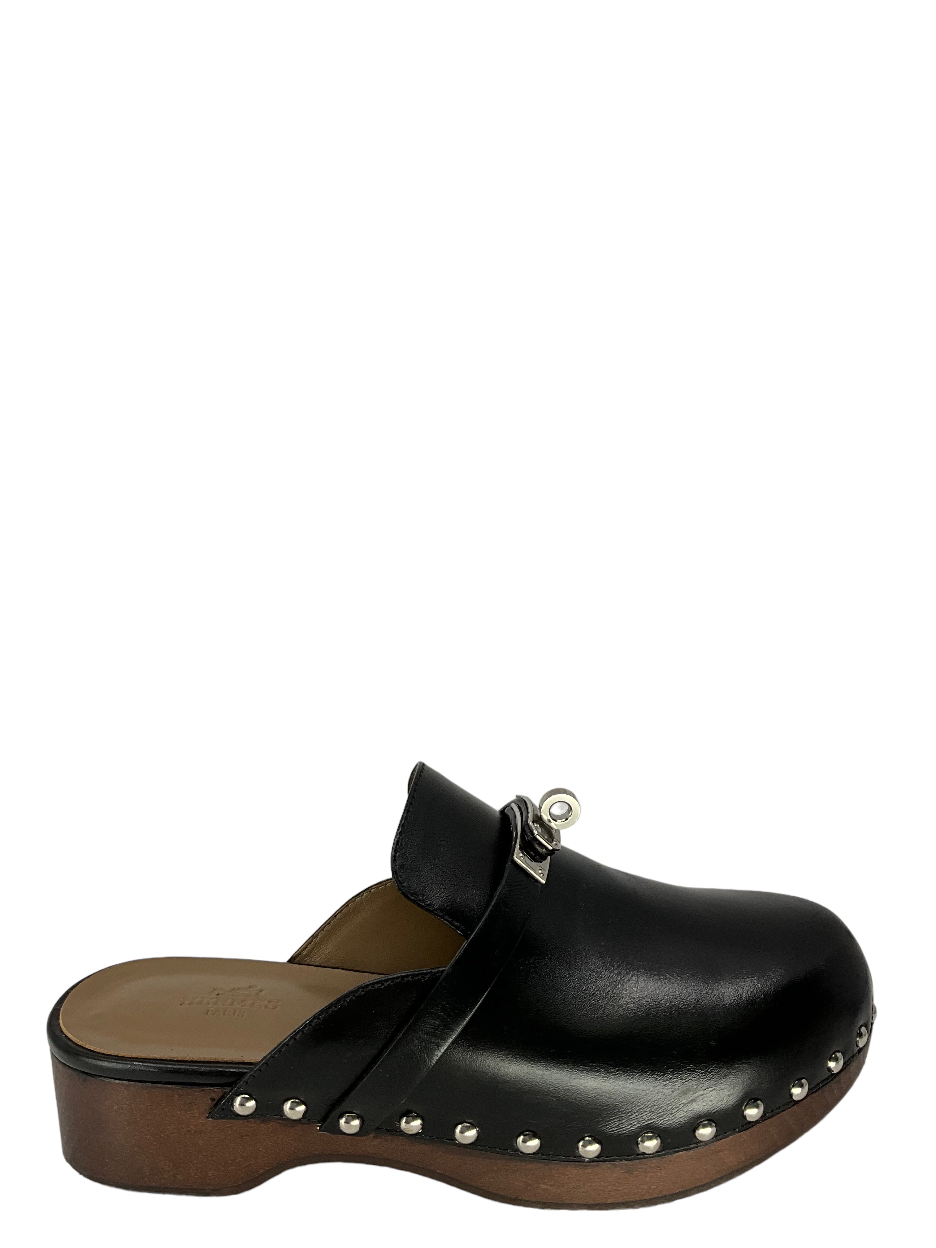 Hermes Black Leather Carlotta Clogs Size 7