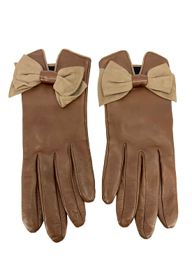 HERMES Leather Suede Bow Gloves Size 7.5