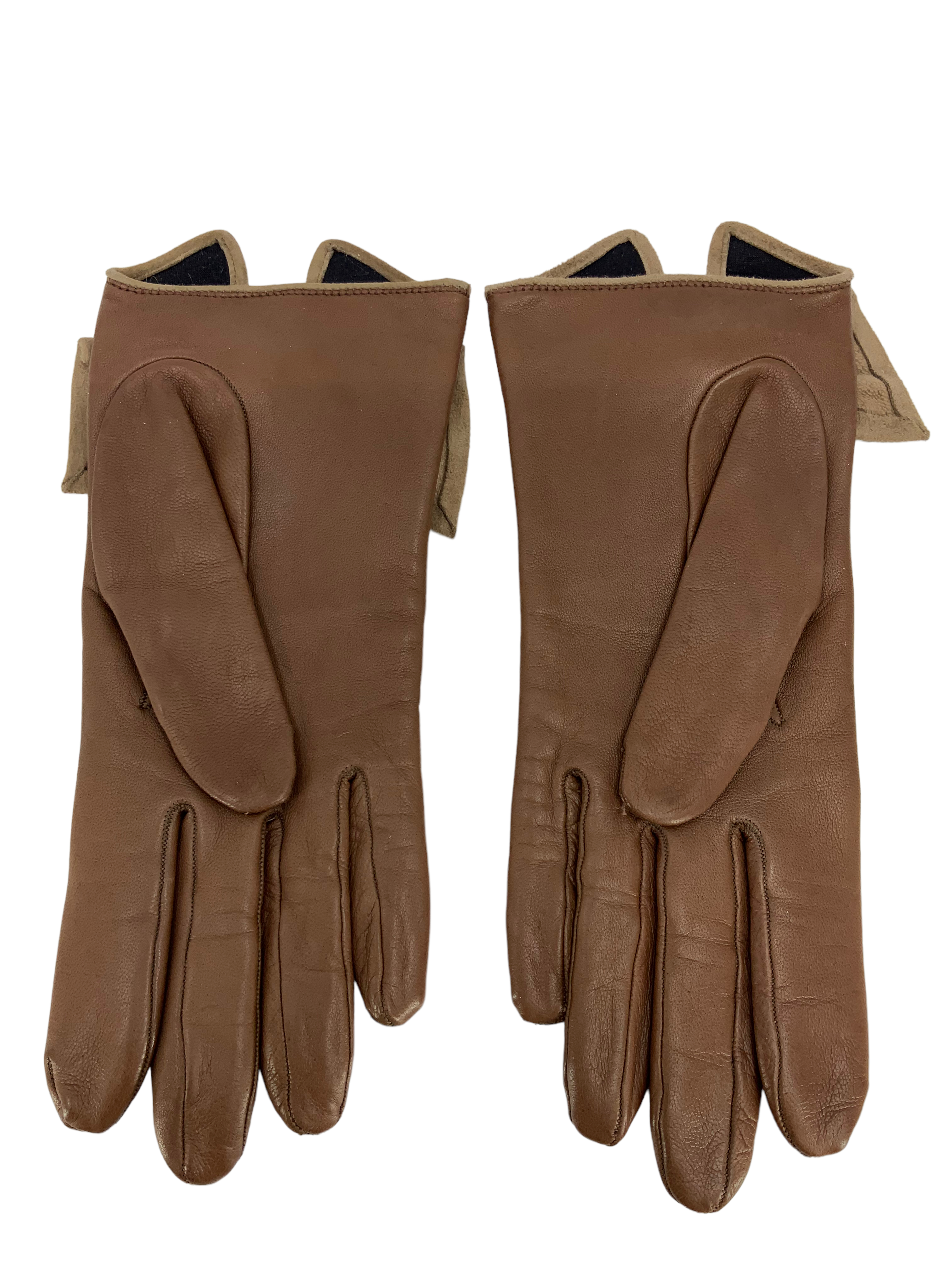 HERMES Leather Suede Bow Gloves Size 7.5