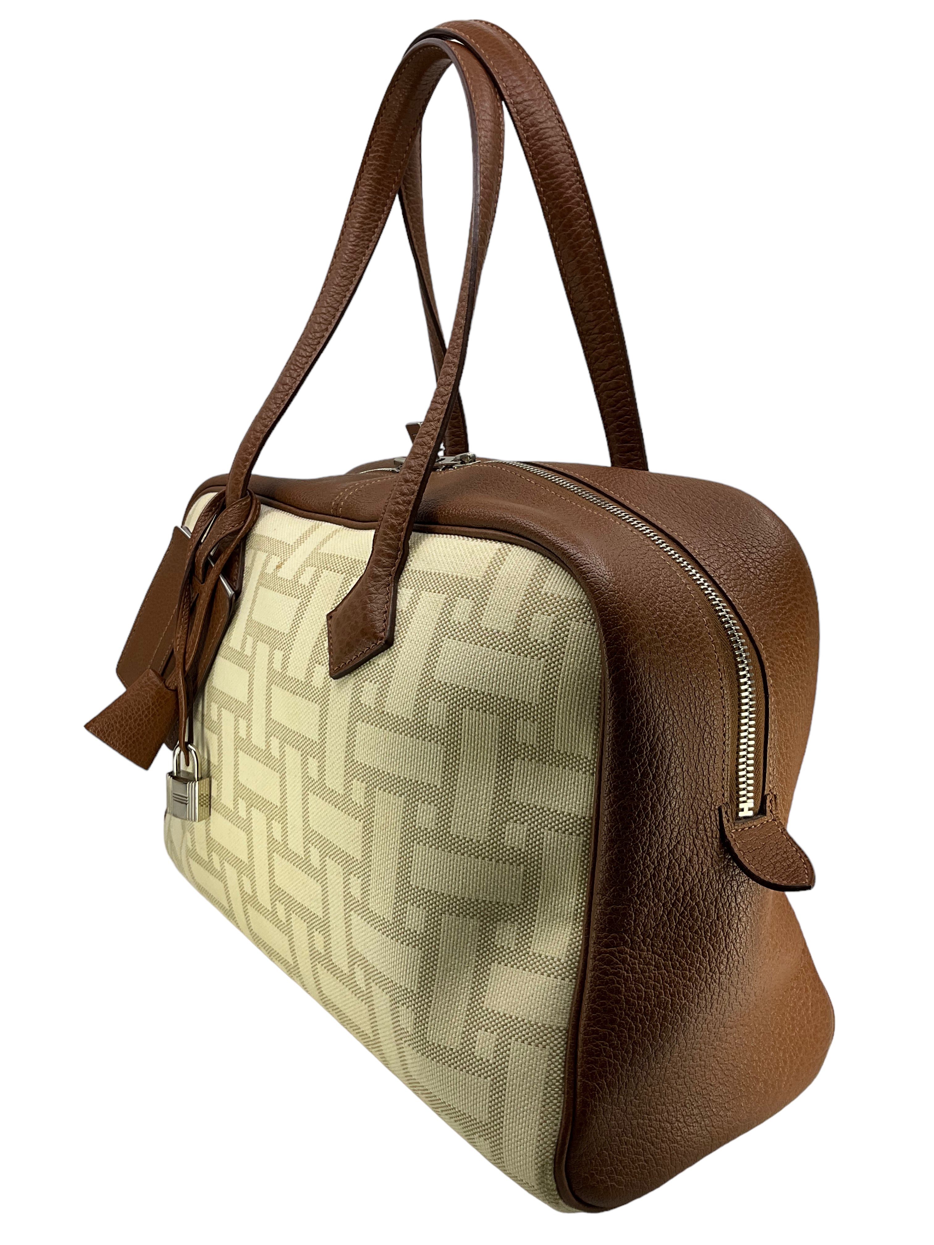 Hermes Victoria Printed Toile And Brown Leather Bag