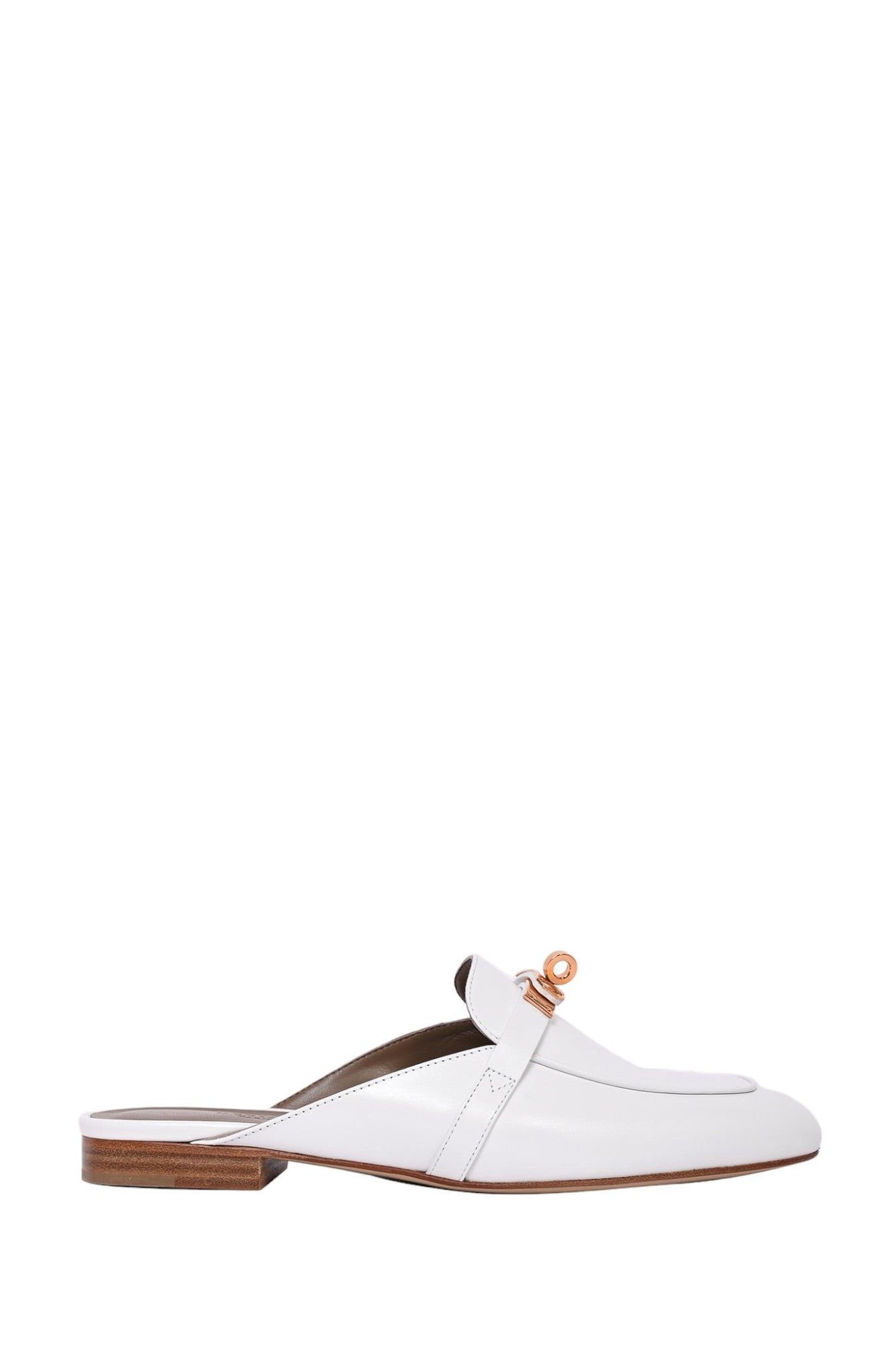 Hermes White Leather Flat 'Oz' Mules with Rose Gold Kelly Lock Size 38