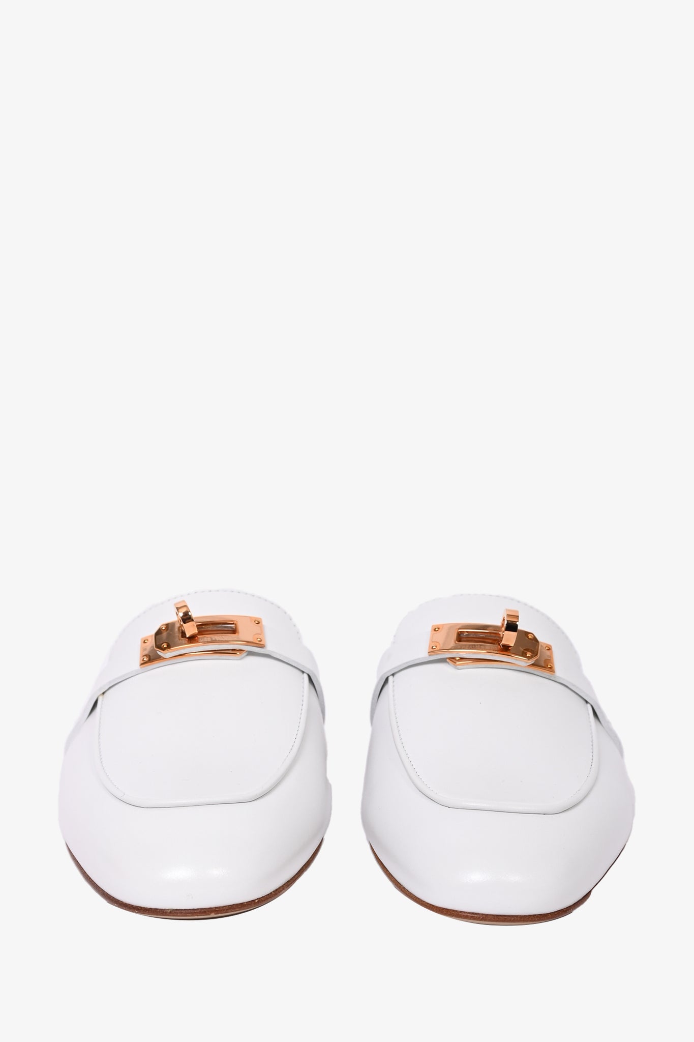 Hermes White Leather Flat 'Oz' Mules with Rose Gold Kelly Lock Size 38