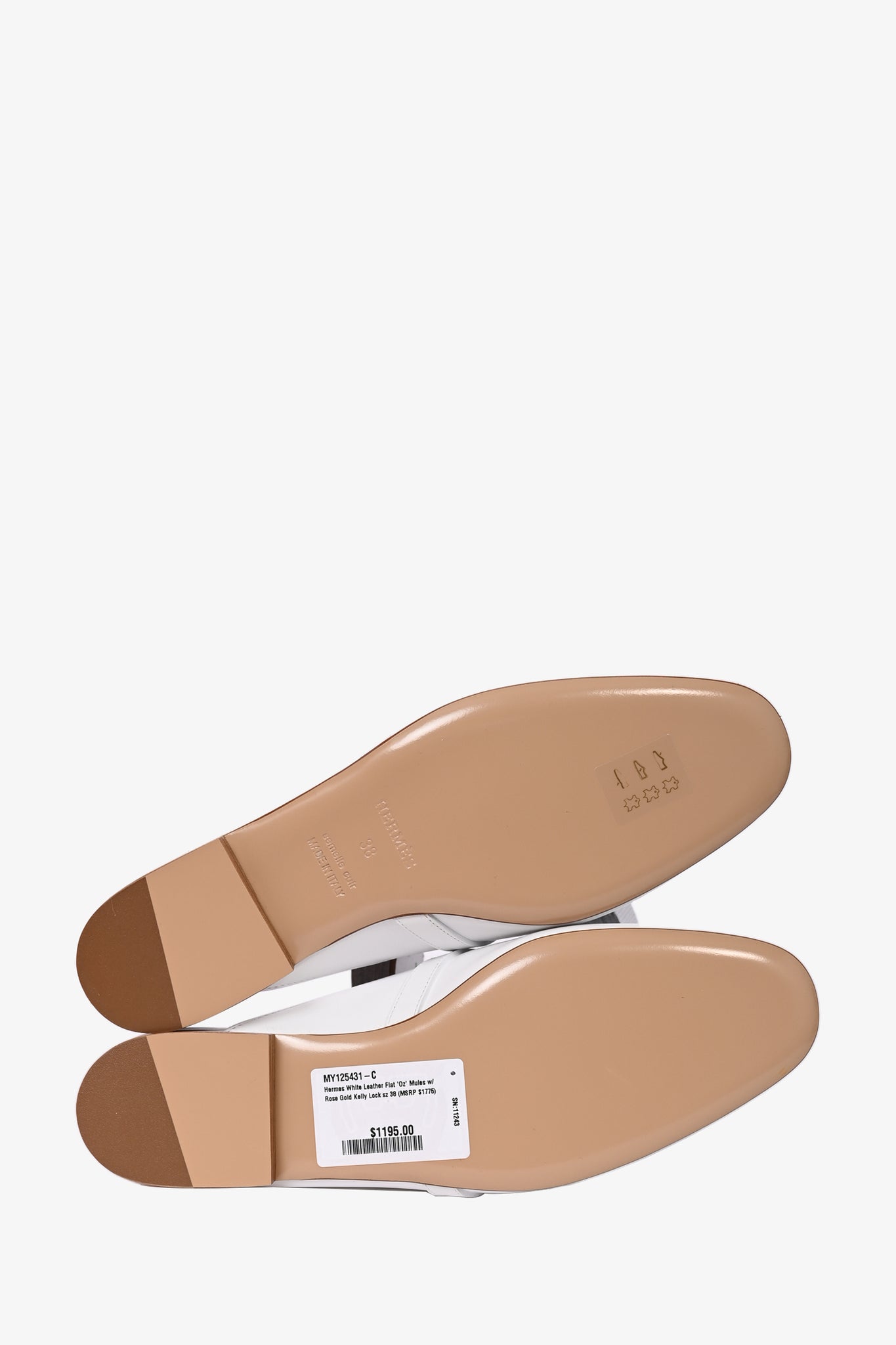 Hermes White Leather Flat 'Oz' Mules with Rose Gold Kelly Lock Size 38