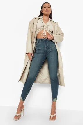 High Waist Frayed Hem Stretch Skinny Jeans