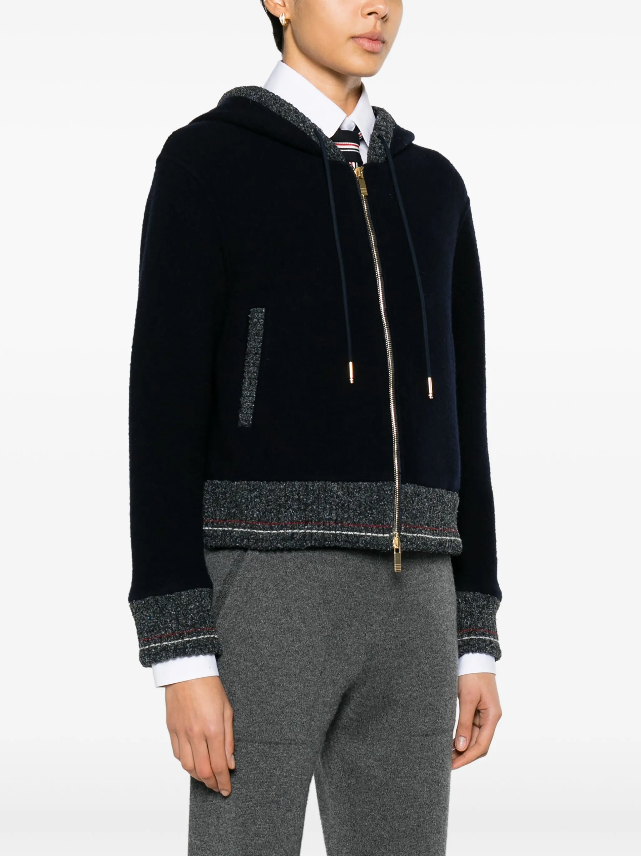 hooded zip-up wool cardigan