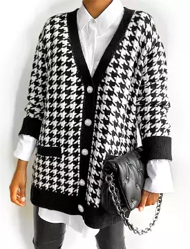 Houndstooth Pattern Knit Long Cardigan