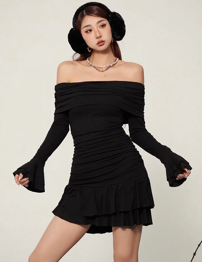 Isabelle Solid Color Ruched Off The Shoulder Long Sleeve Pleated Slim Dress