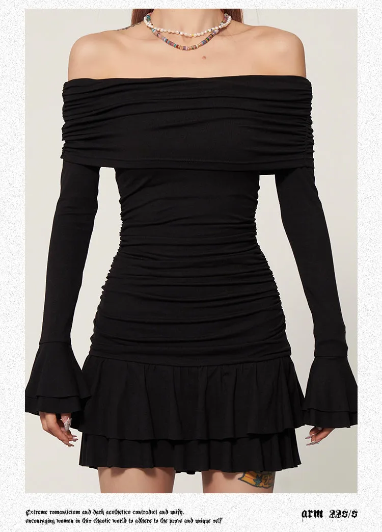 Isabelle Solid Color Ruched Off The Shoulder Long Sleeve Pleated Slim Dress