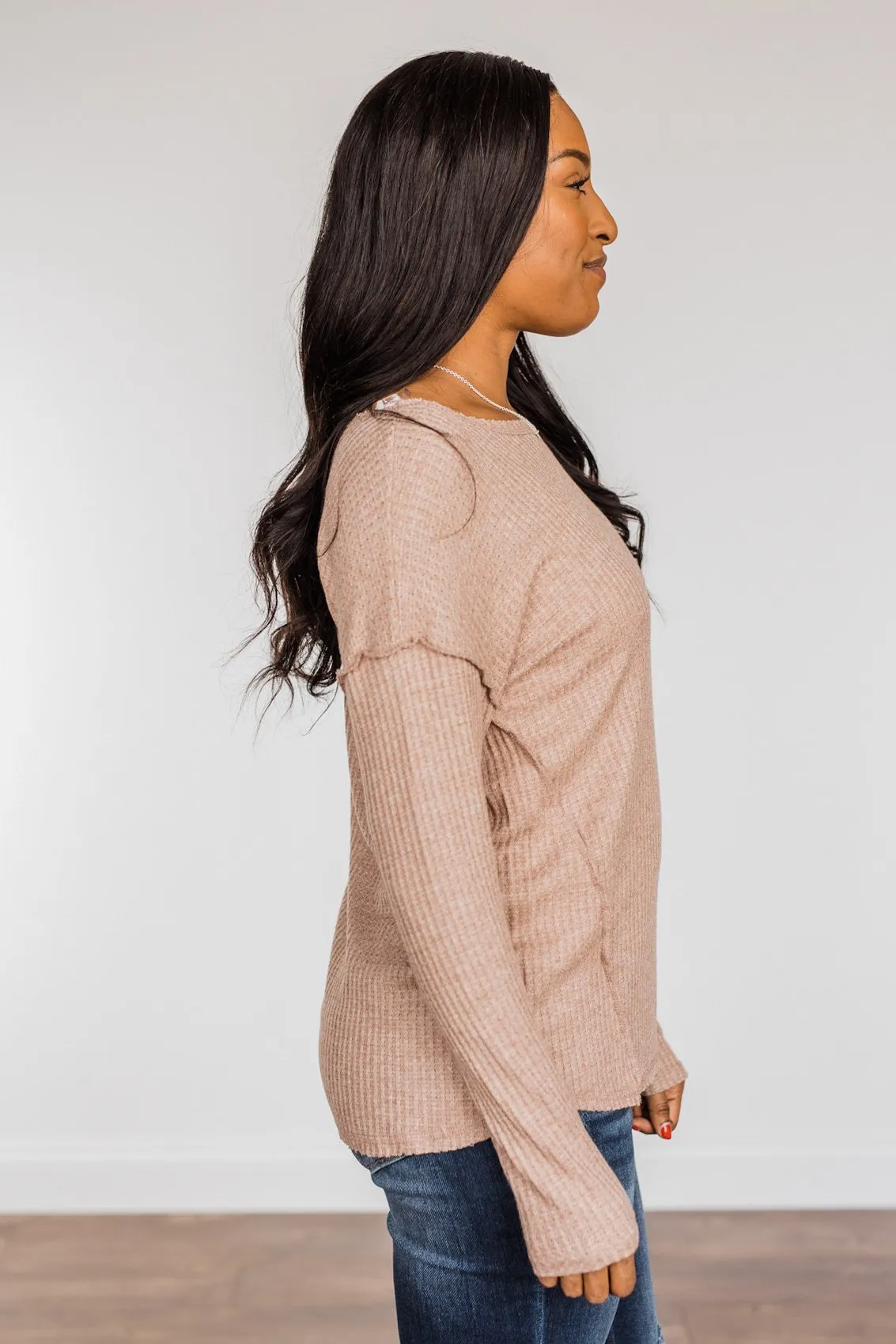 Leap Of Faith Long Sleeve Knit Top- Taupe