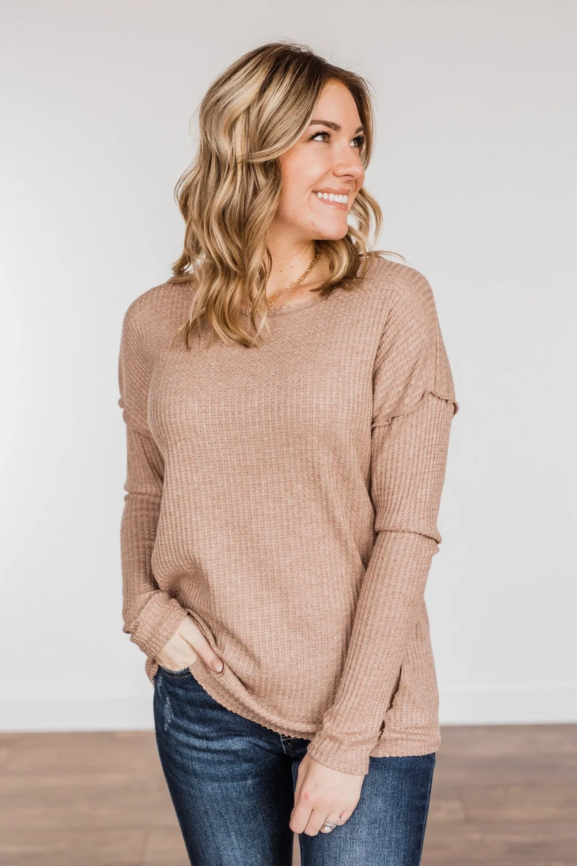 Leap Of Faith Long Sleeve Knit Top- Taupe