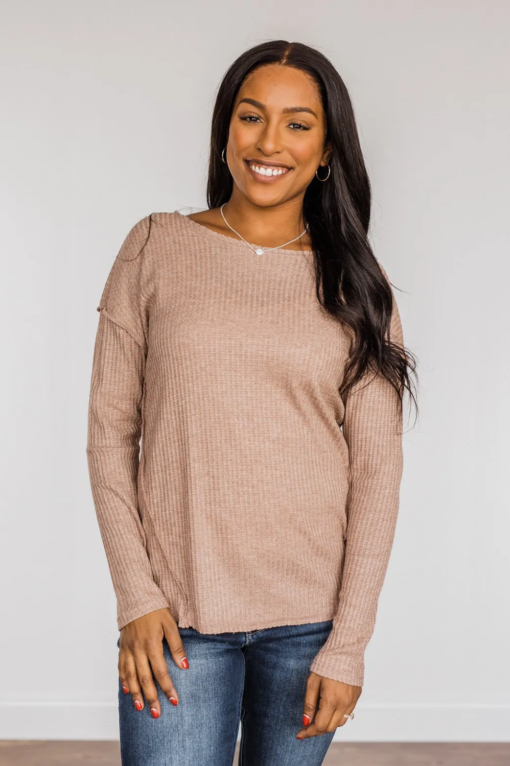 Leap Of Faith Long Sleeve Knit Top- Taupe