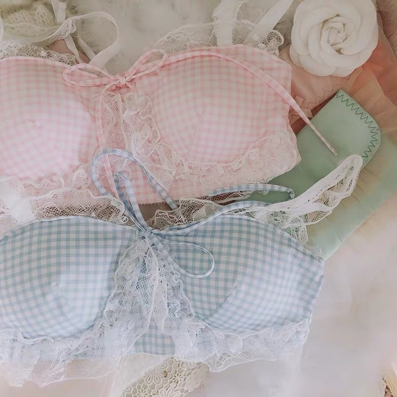 light pink check/ light blue check girly bralette bra + panties one set