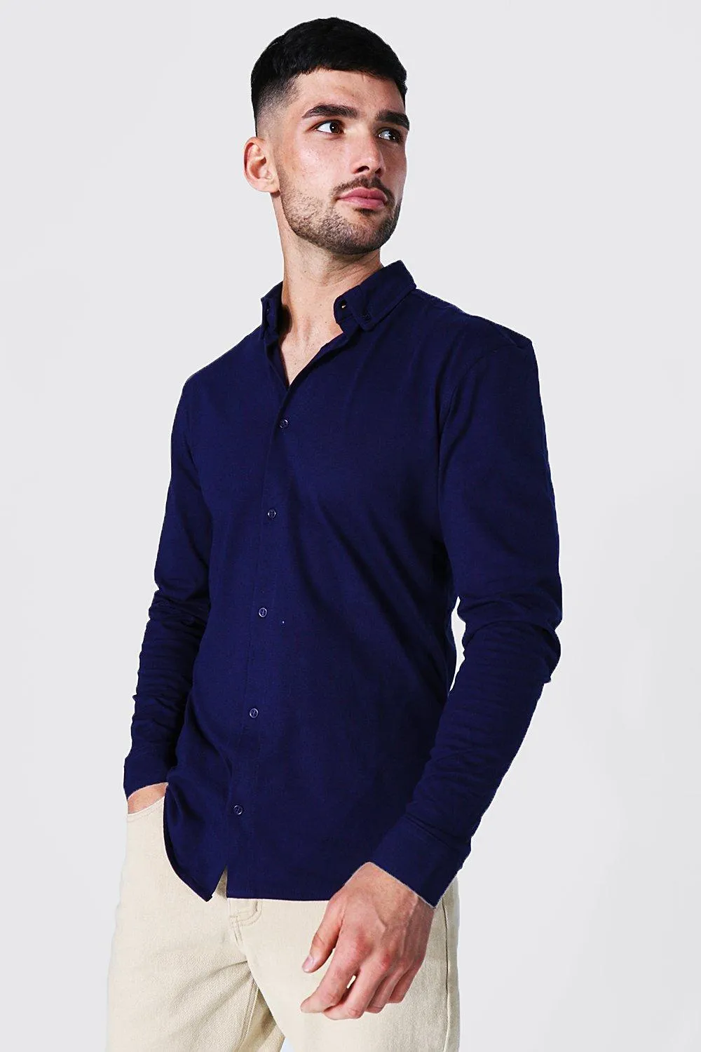 Long Sleeve Slim Fit Jersey Shirt | boohooMAN UK