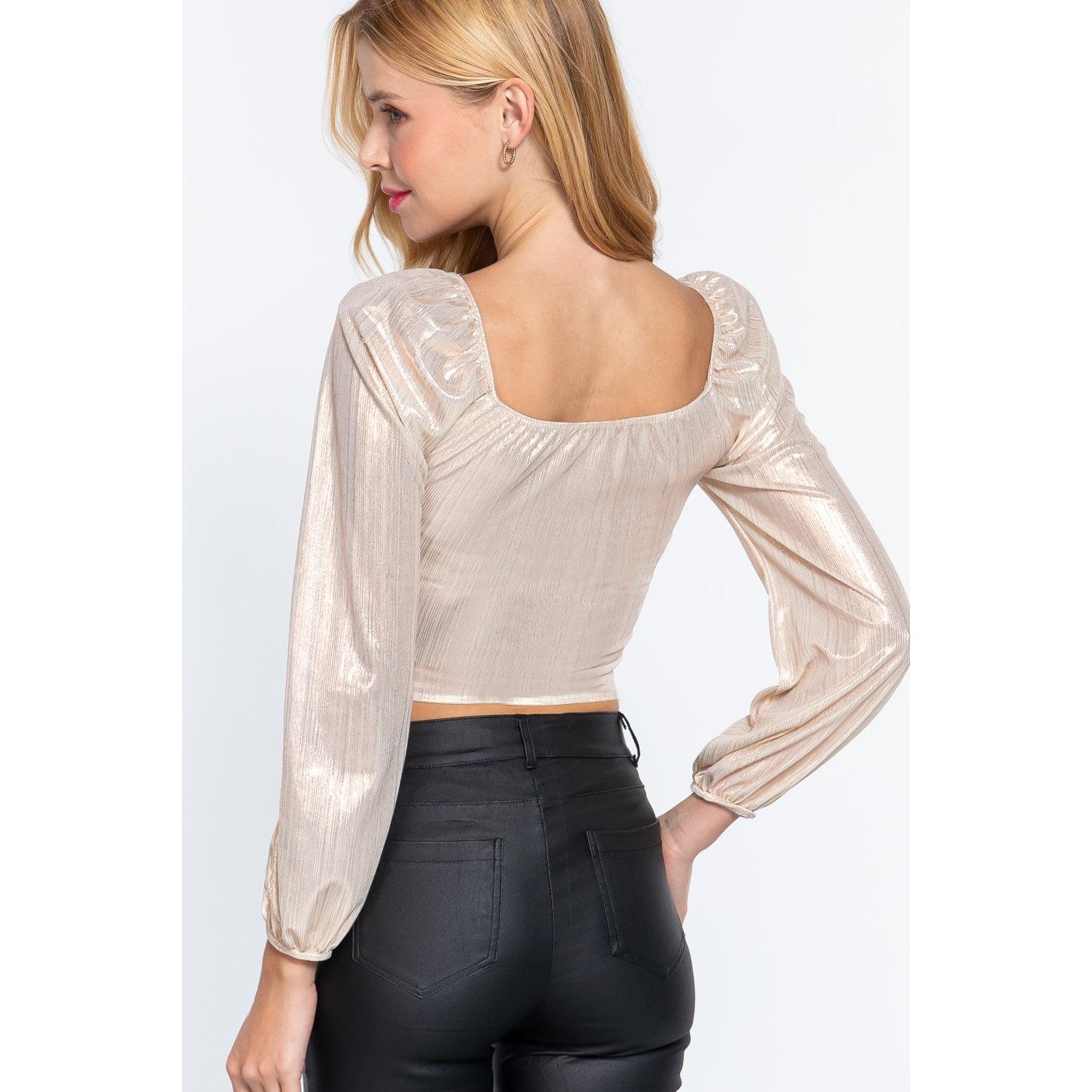 Long Slv Ruched Metallic Knit Top