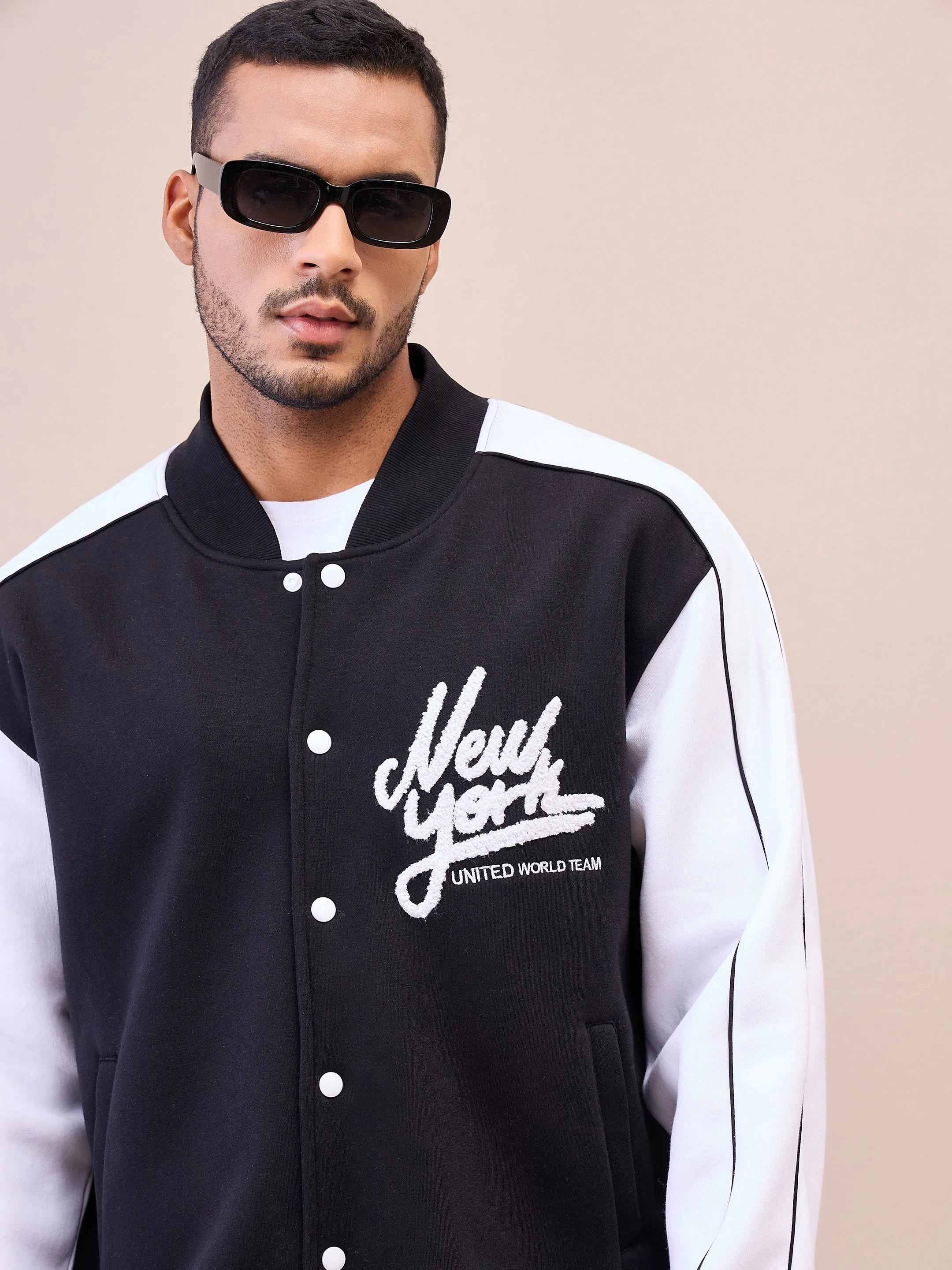 Men Black & White NEW YORK Embroidery Varsity Jacket