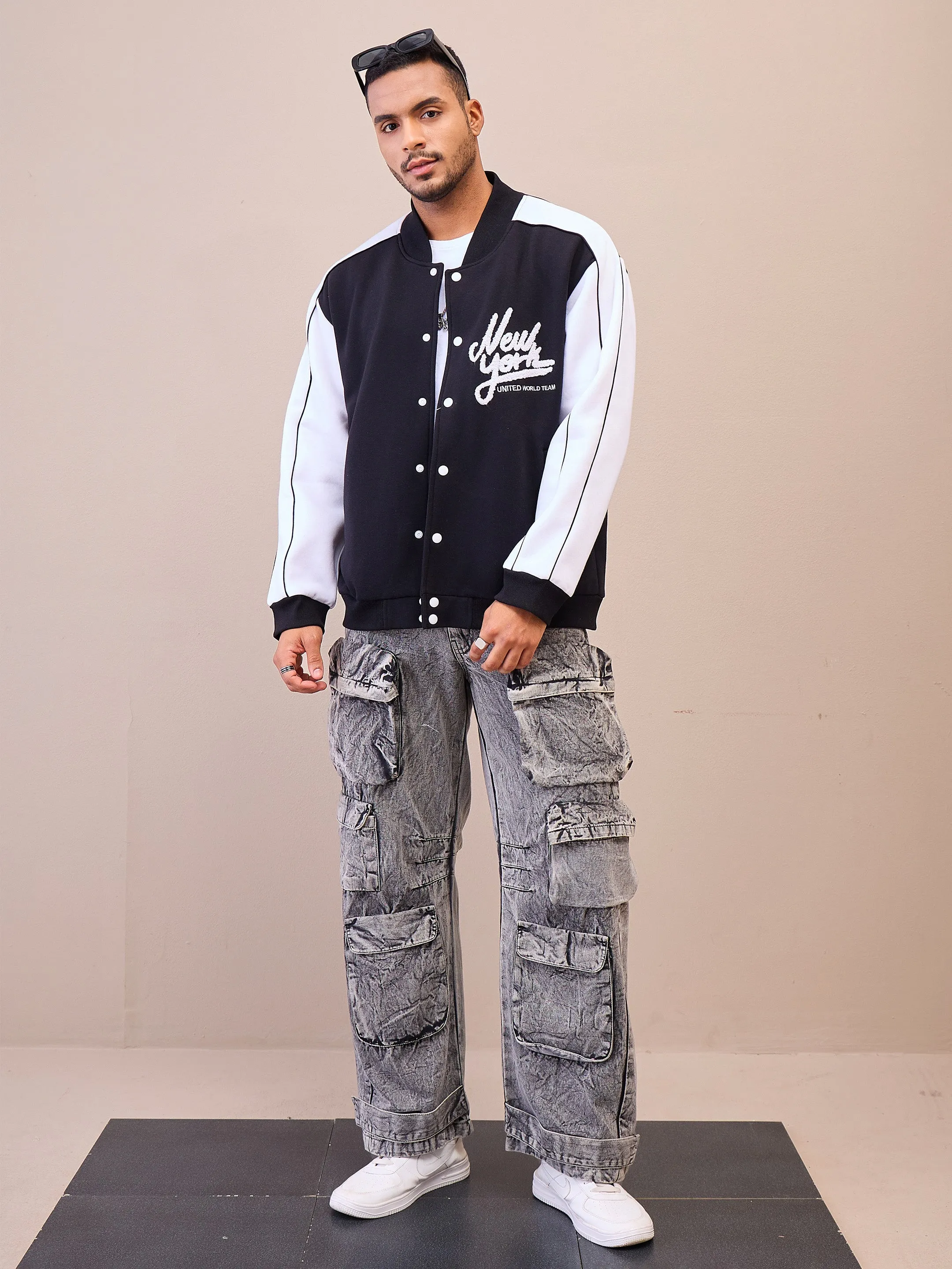 Men Black & White NEW YORK Embroidery Varsity Jacket