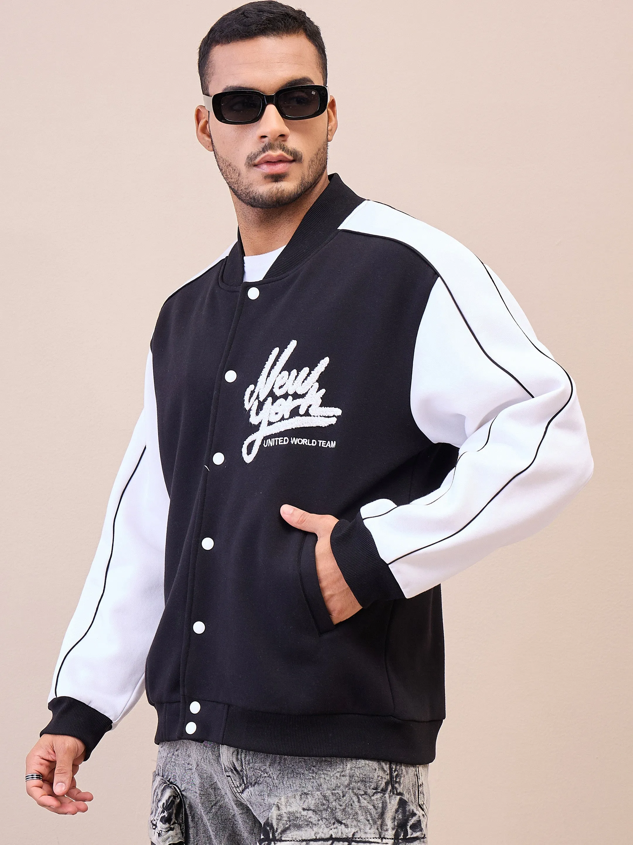 Men Black & White NEW YORK Embroidery Varsity Jacket