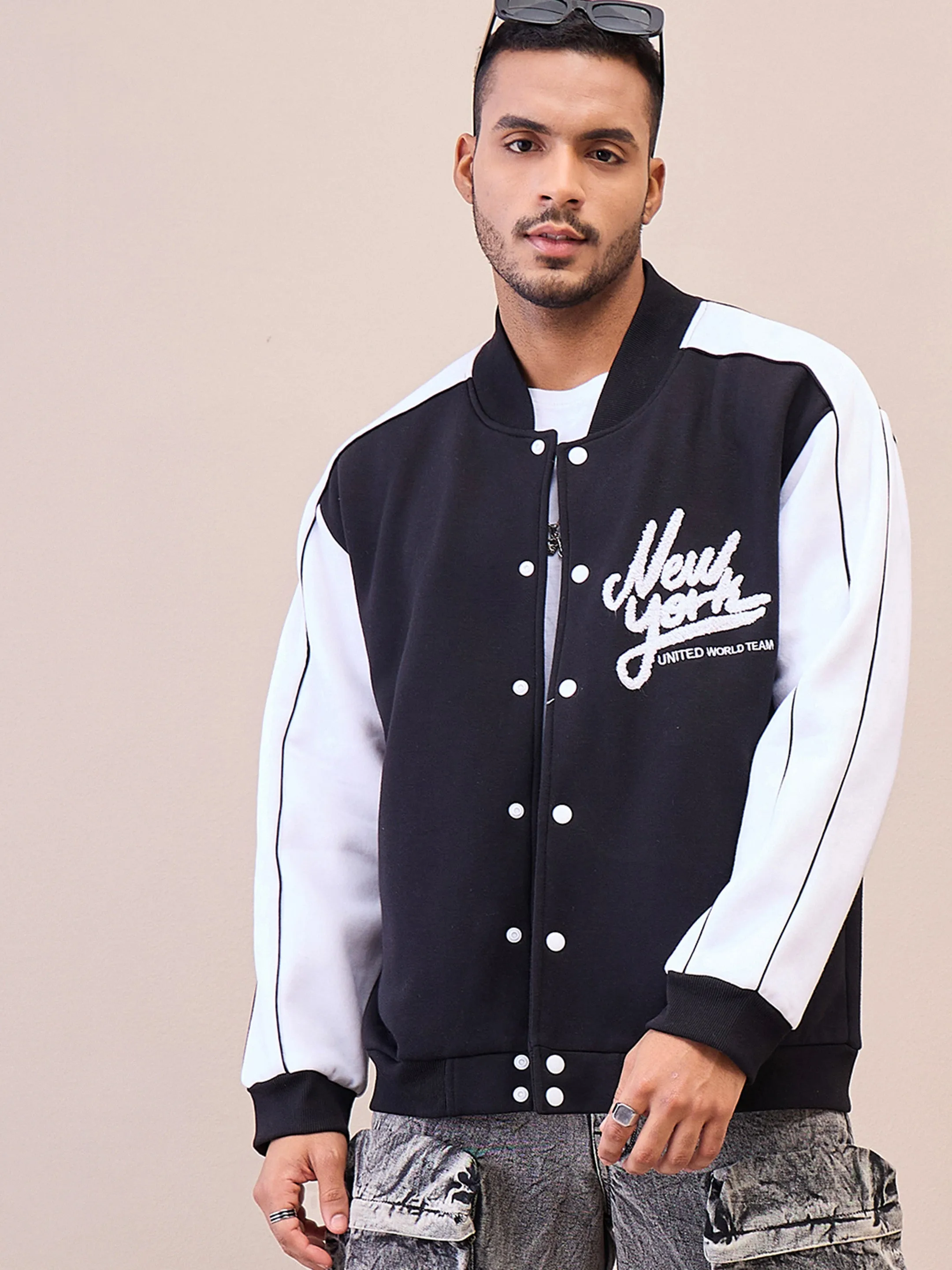 Men Black & White NEW YORK Embroidery Varsity Jacket