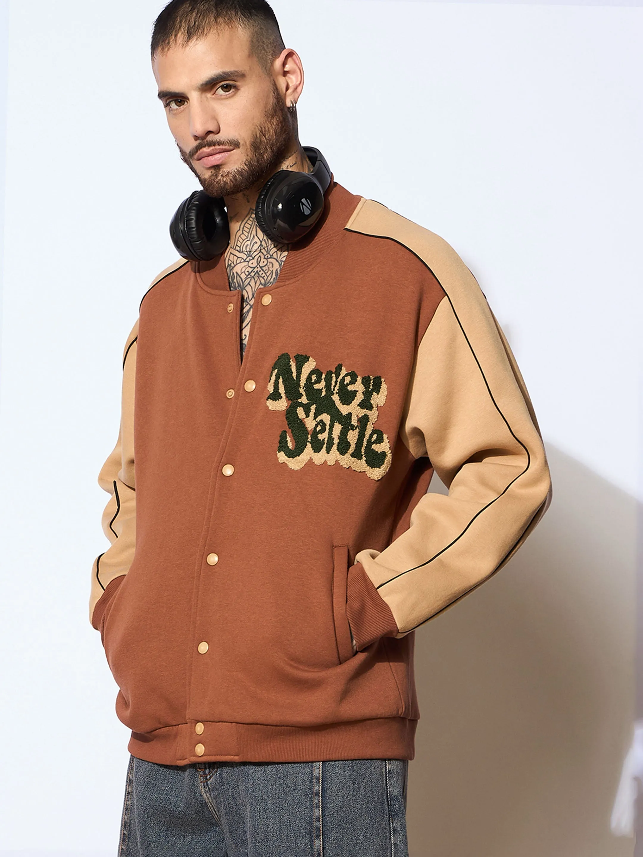 Men Brown & Beige NEVER SETTLE Embroidery Varsity Jacket