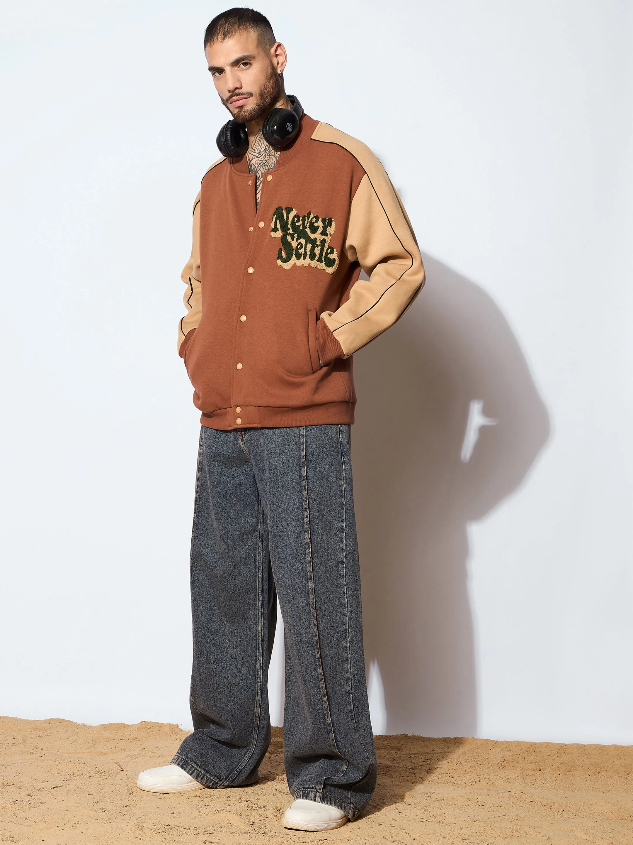 Men Brown & Beige NEVER SETTLE Embroidery Varsity Jacket