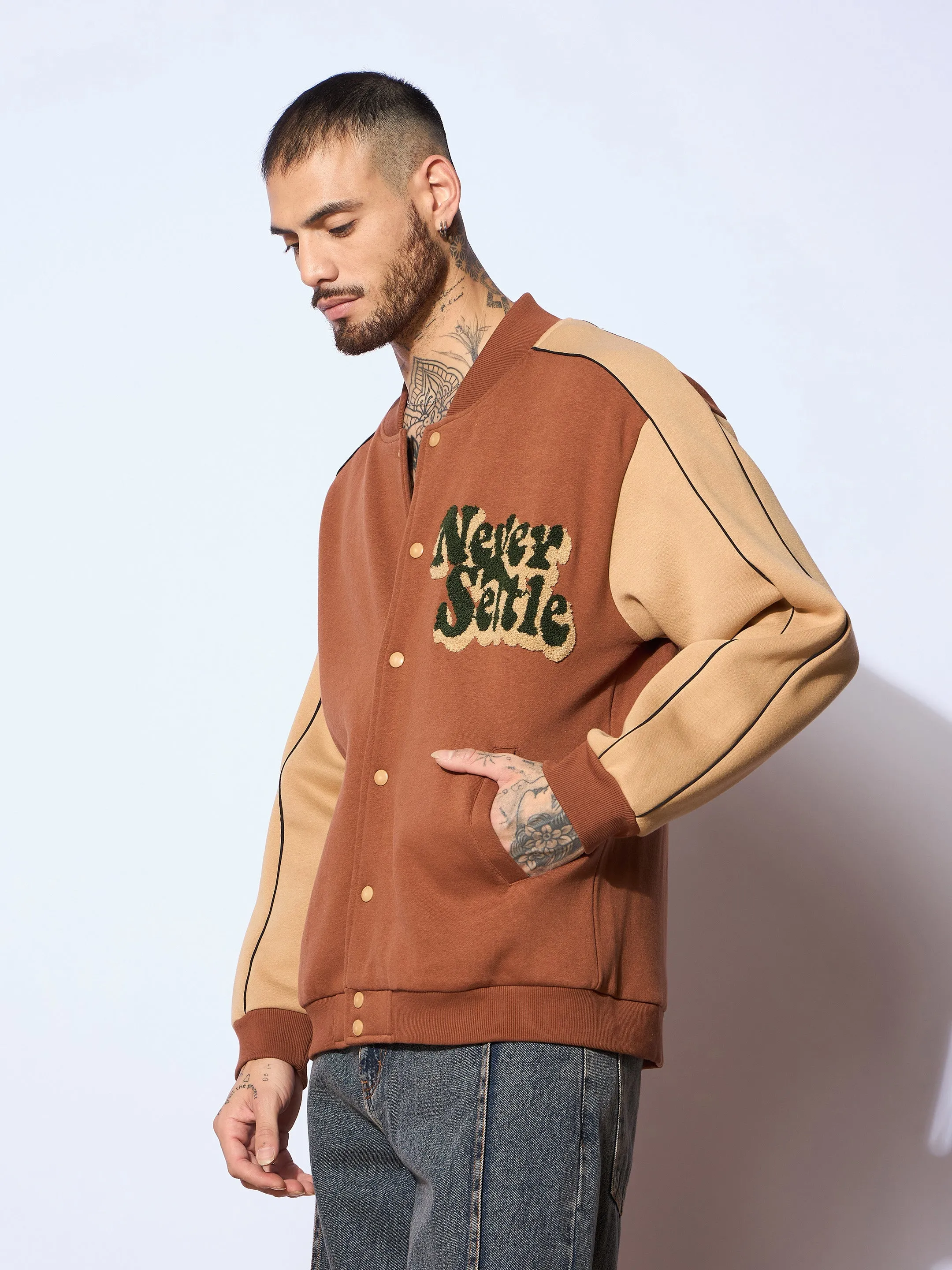 Men Brown & Beige NEVER SETTLE Embroidery Varsity Jacket