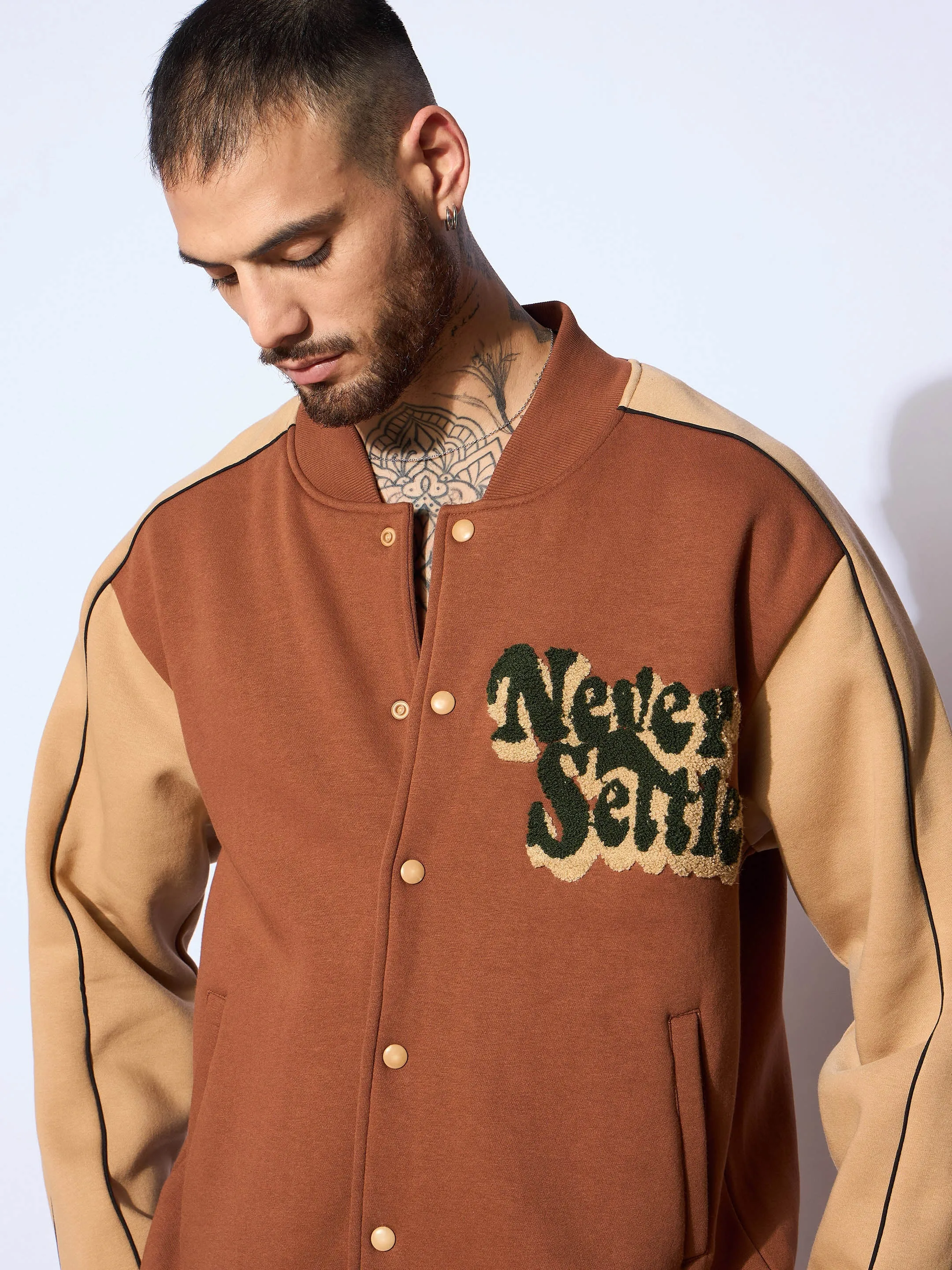 Men Brown & Beige NEVER SETTLE Embroidery Varsity Jacket