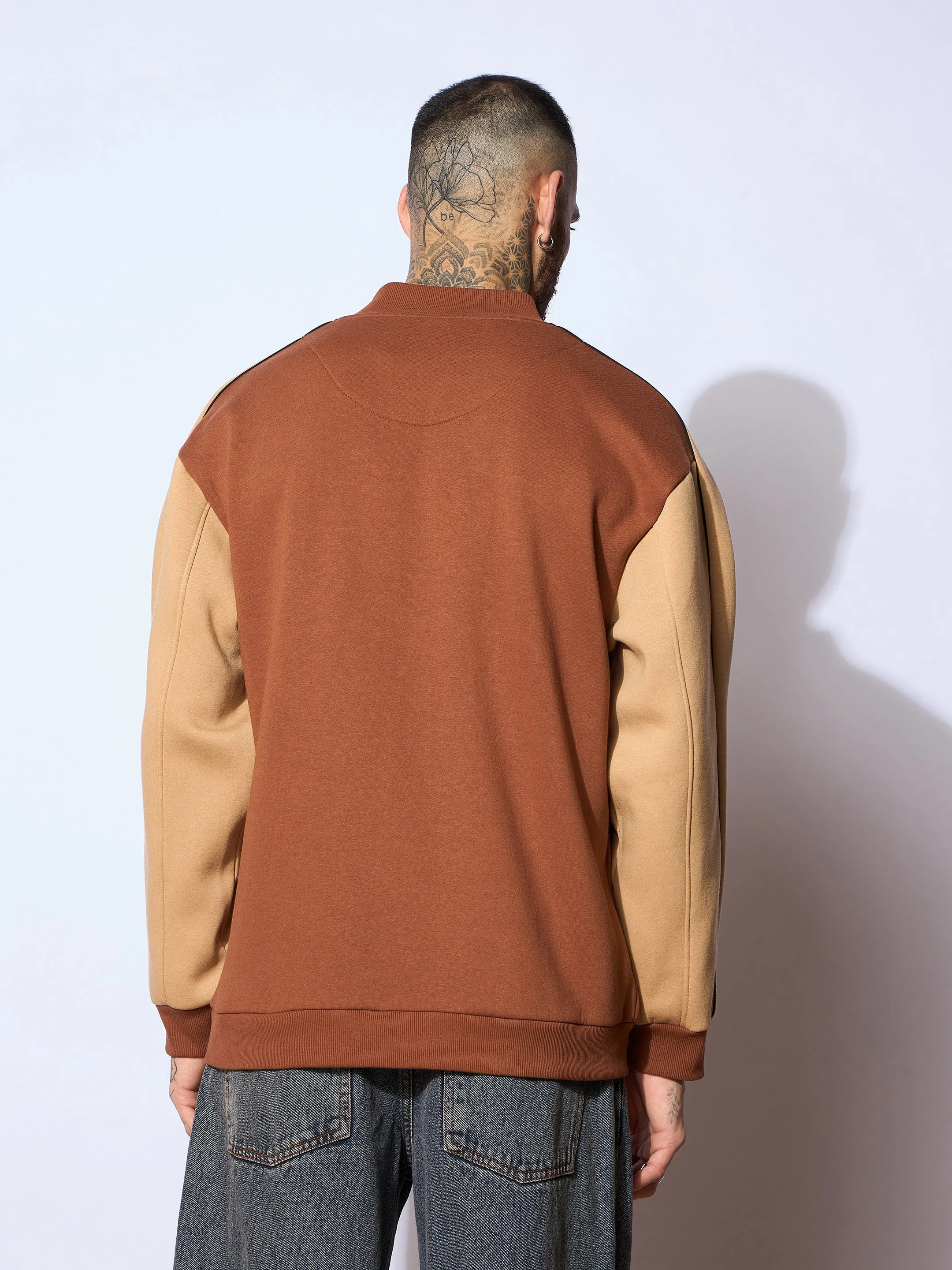 Men Brown & Beige NEVER SETTLE Embroidery Varsity Jacket