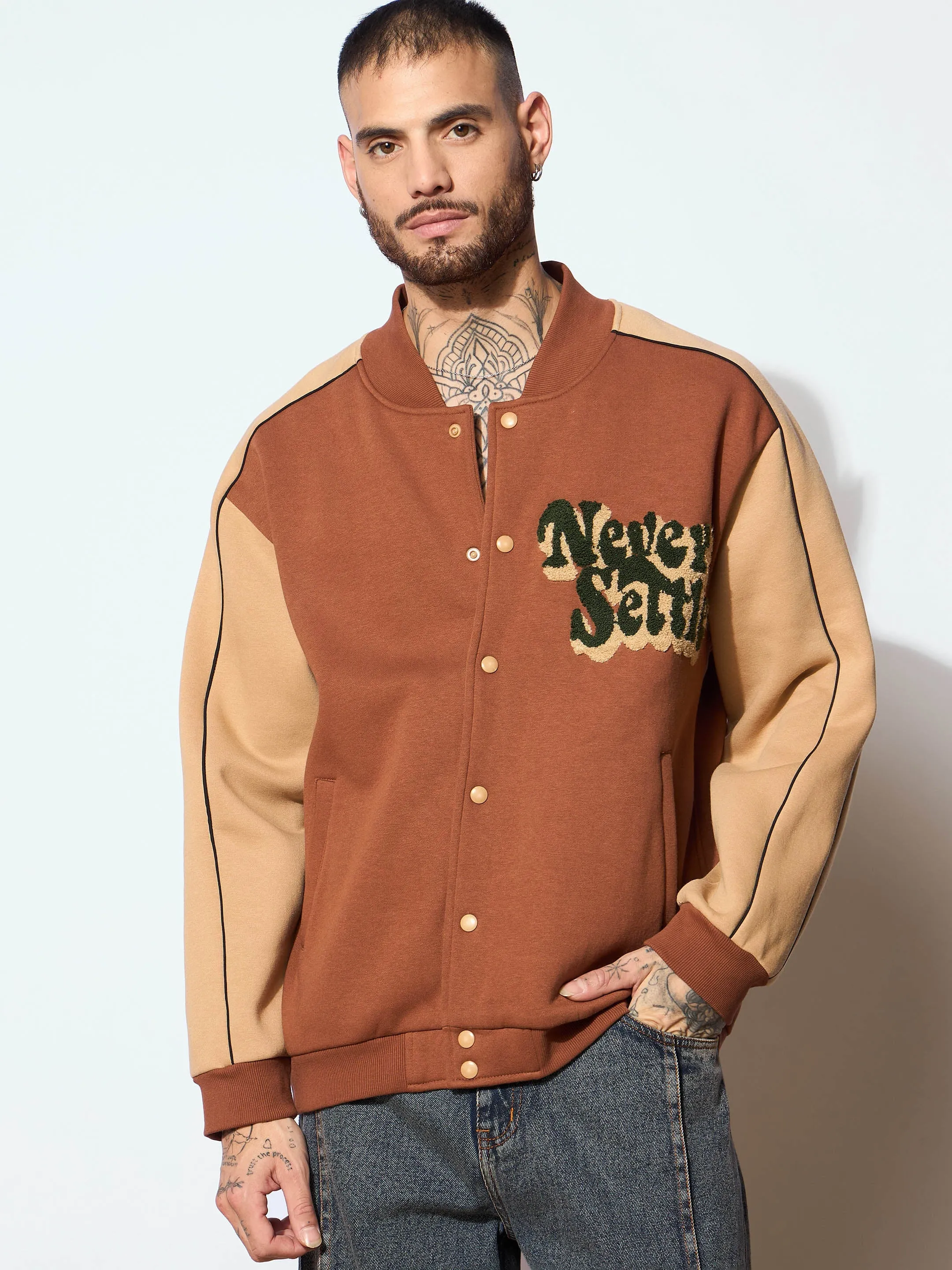 Men Brown & Beige NEVER SETTLE Embroidery Varsity Jacket