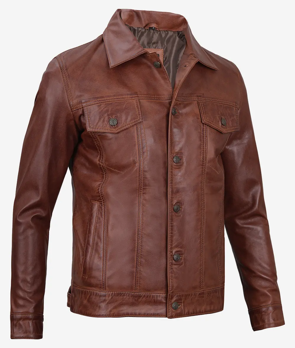 Men's Cognac Trucker Leather Jacket