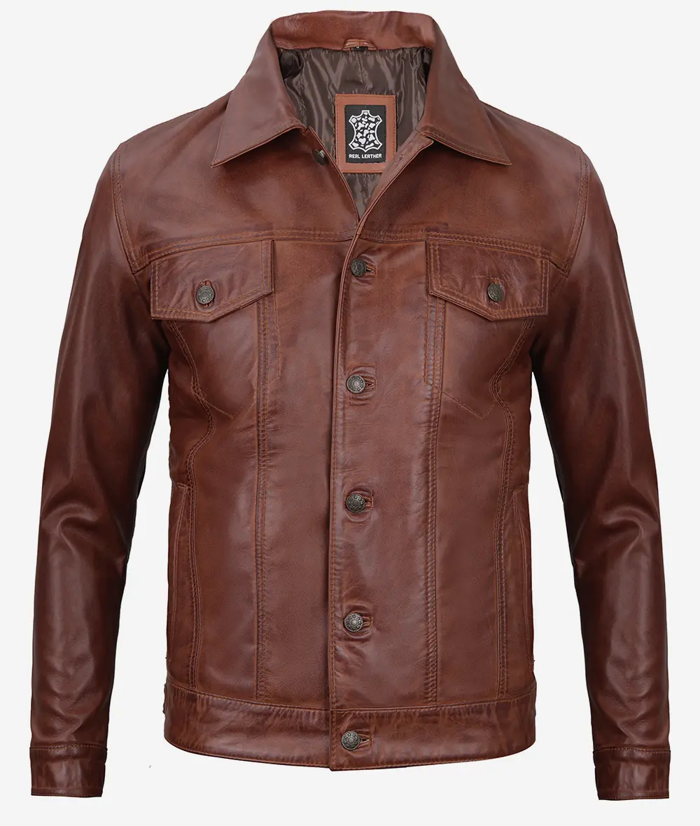 Men's Cognac Trucker Leather Jacket