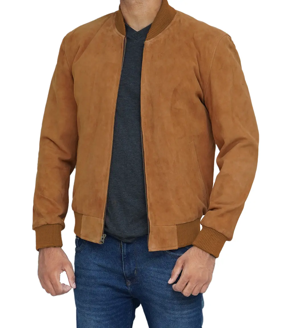 Men's Light Brown Suede Bomber Jacket