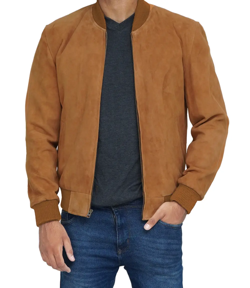 Men's Light Brown Suede Bomber Jacket