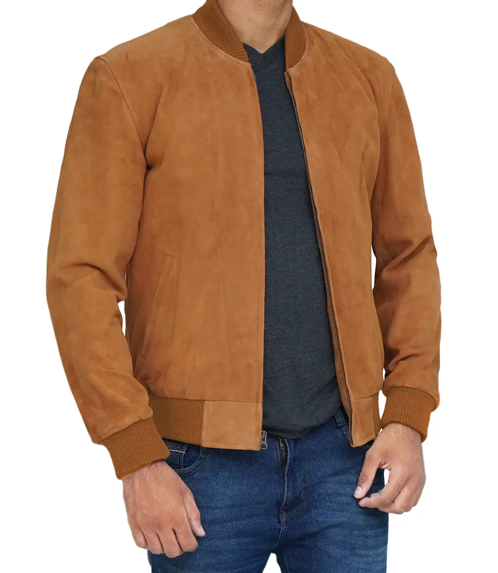 Men's Light Brown Suede Bomber Jacket