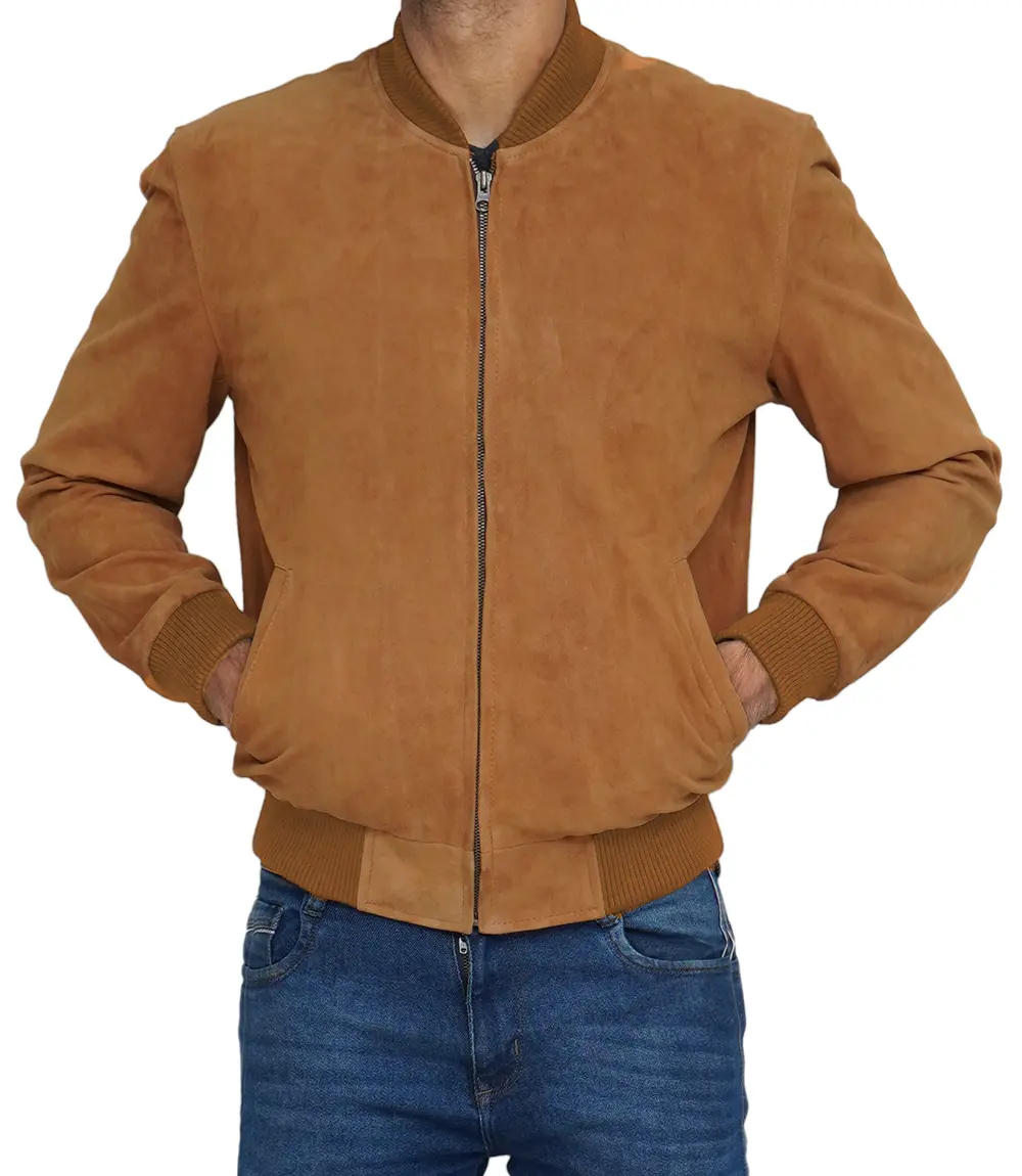 Men's Light Brown Suede Bomber Jacket