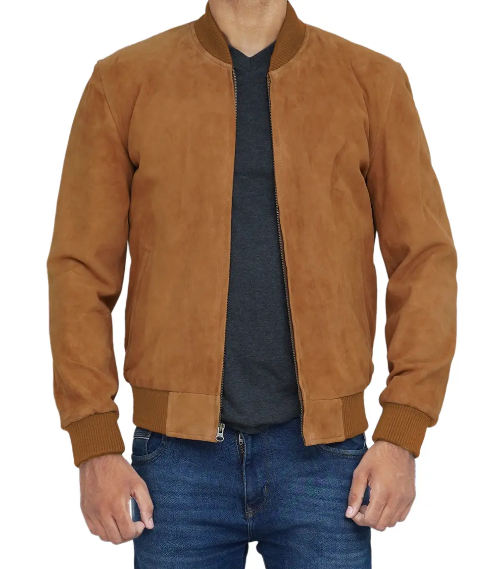 Men's Light Brown Suede Bomber Jacket