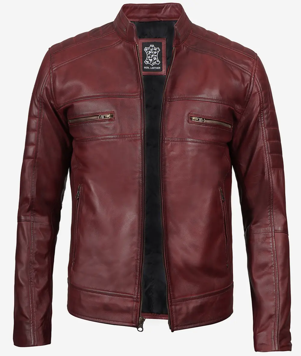 Mens Maroon Cafe Racer Leather Jacket