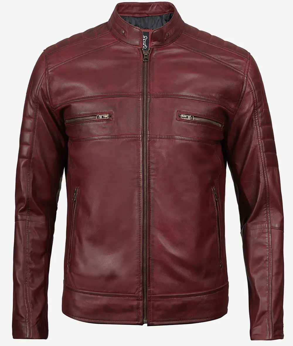 Mens Maroon Cafe Racer Leather Jacket