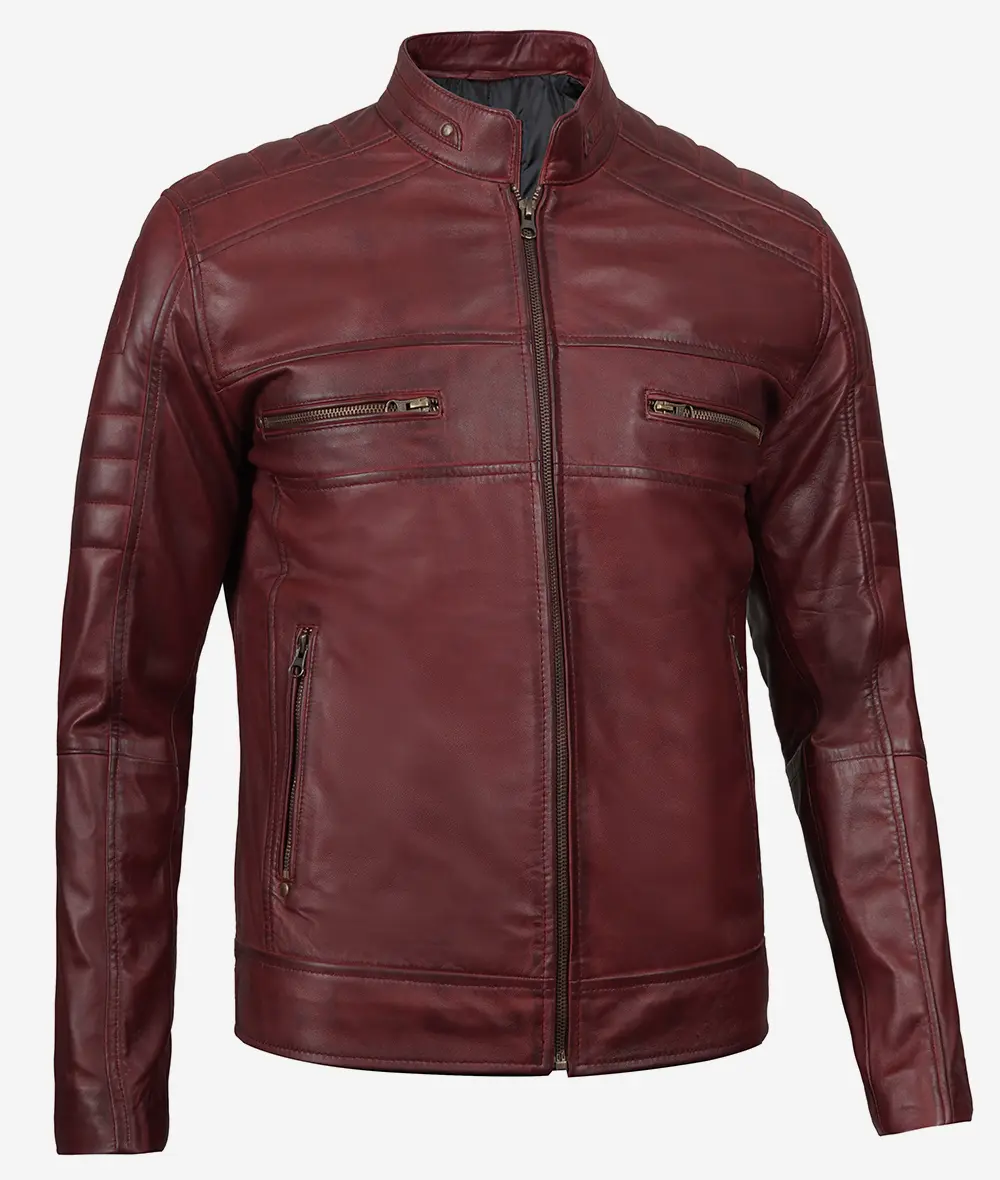 Mens Maroon Cafe Racer Leather Jacket