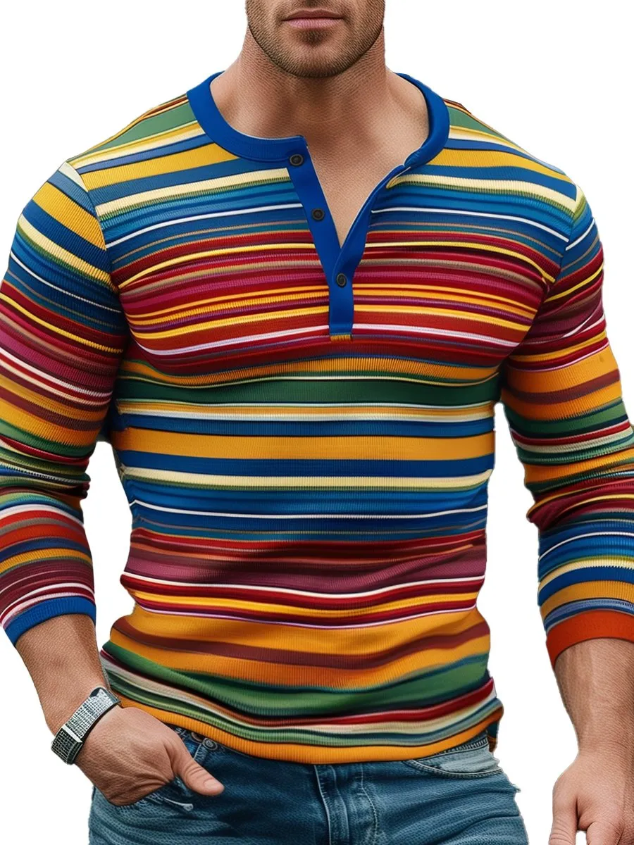 Men's Rainbow Stripe Print Slim Fit Long Sleeve Henley T-shirt