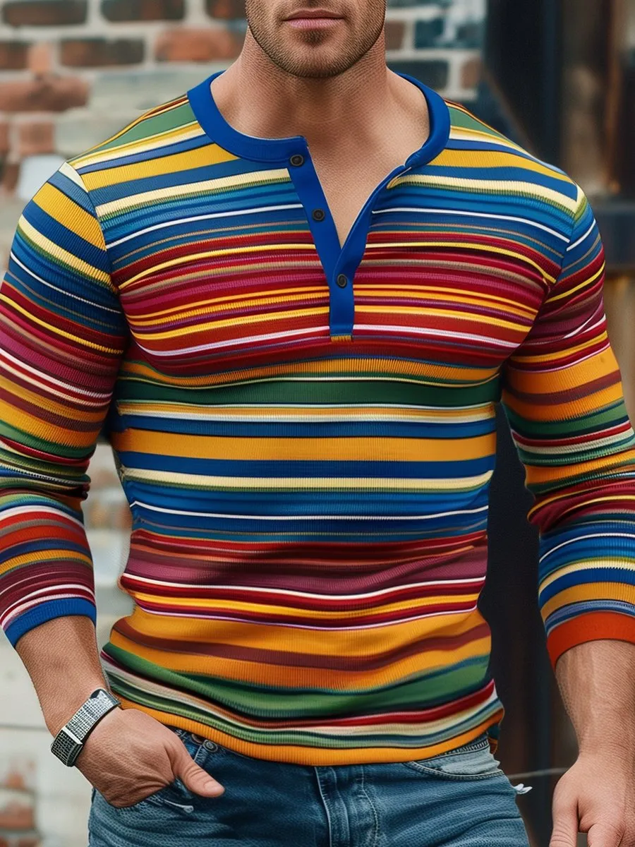 Men's Rainbow Stripe Print Slim Fit Long Sleeve Henley T-shirt