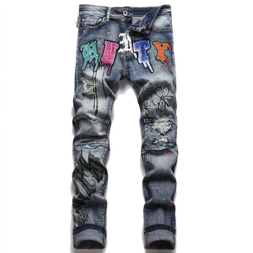 Men's Summer Punk Style Cotton Printed Pattern Mid-waist Skinny Pants