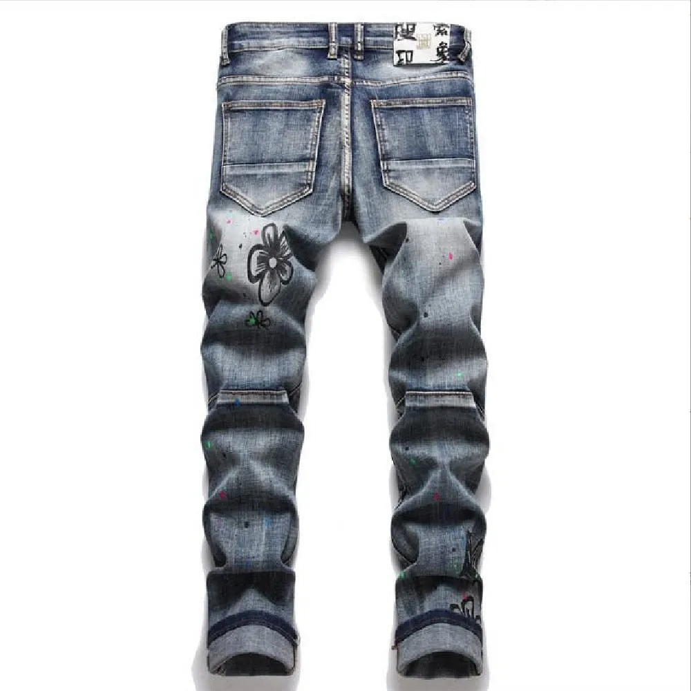 Men's Summer Punk Style Cotton Printed Pattern Mid-waist Skinny Pants