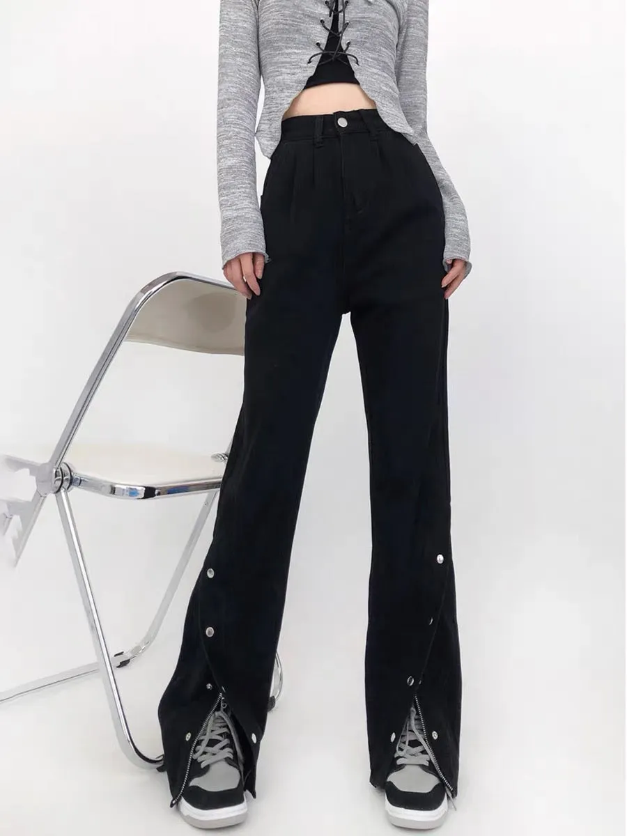 Micro-flare slit jeans for women plus size fat MM high-waist slim loose wide-leg pants pear-shaped body pants American style A33