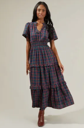 Miley Plaid Palmer Poplin Tiered Maxi Dress- Navy and Multi