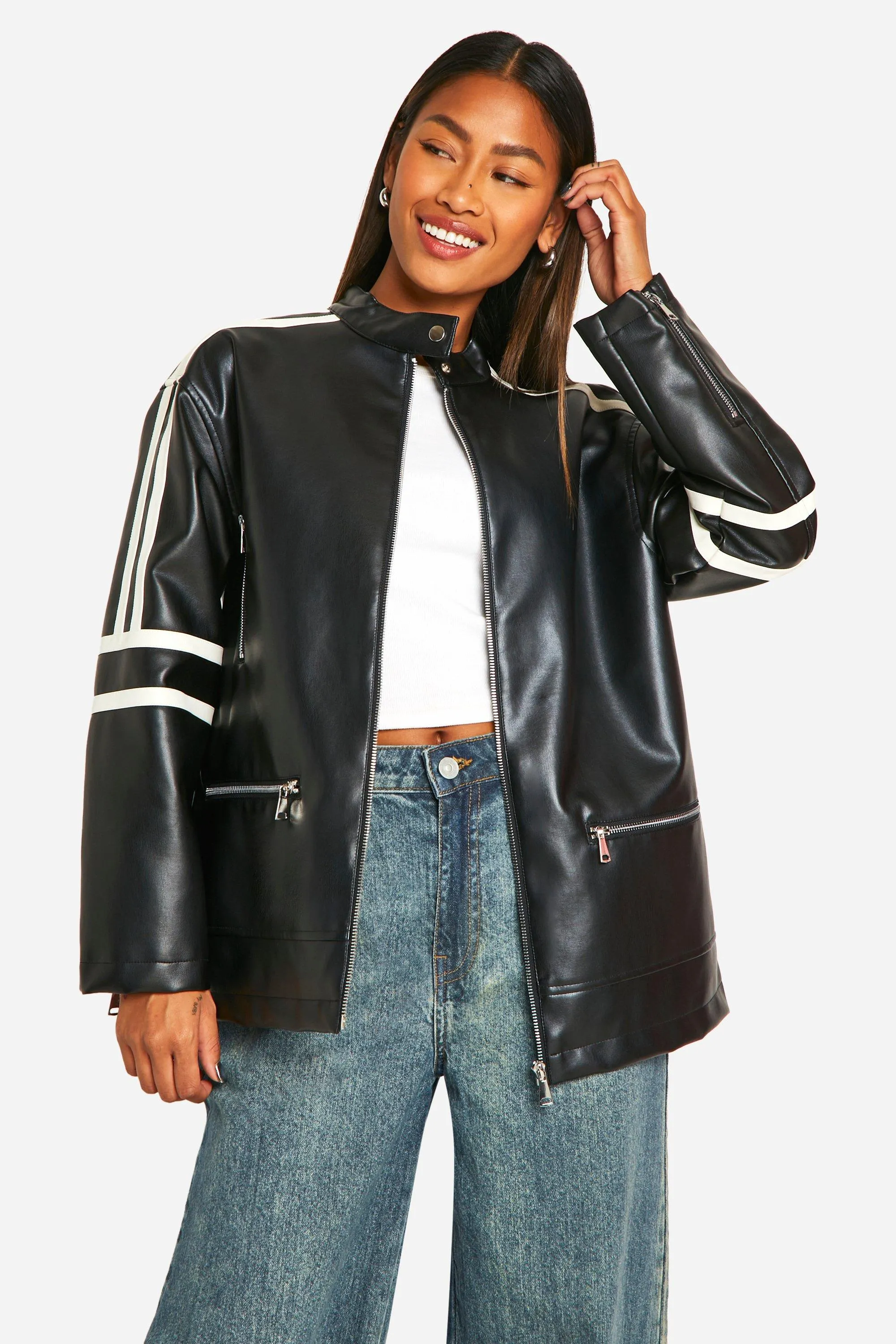 Moto Detail Oversized Faux Leather Jacket