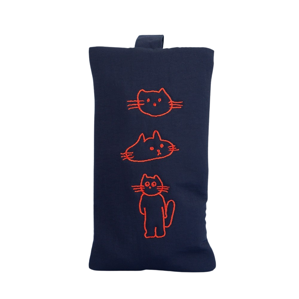 Navy Blue Cats Graphic Embroidery Airy Hand Strap Pouches Slim Pencil Cases Ultra Light Stationery School Office Cosmetics Bags 