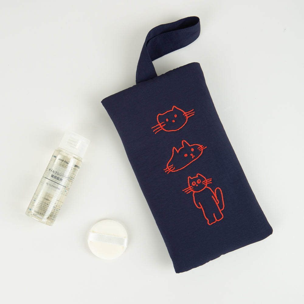 Navy Blue Cats Graphic Embroidery Airy Hand Strap Pouches Slim Pencil Cases Ultra Light Stationery School Office Cosmetics Bags 